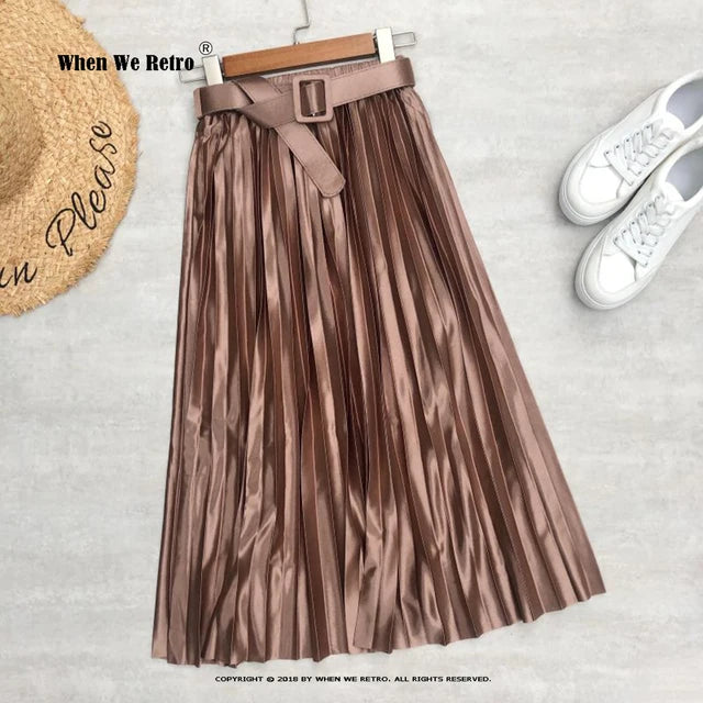 New Fashion Champagne Gold Women Long Skirt VD2735 High Waist Solid Color Pleated Midi Skirts