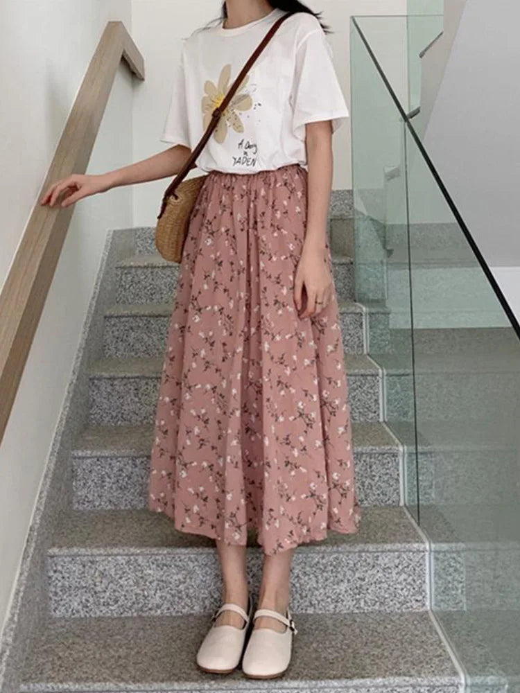 Vintage Floral Print A-line Pleated Long Skirts Summer Women 2023 Korean Skirt Streetwear Drawstring Elastic Waist Midi Skirt